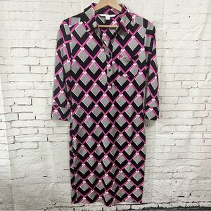 Diane Von Furstenberg Sz 6 Ollie Geometric Silk Dress Black Pink Gray 3/4 Sleeve